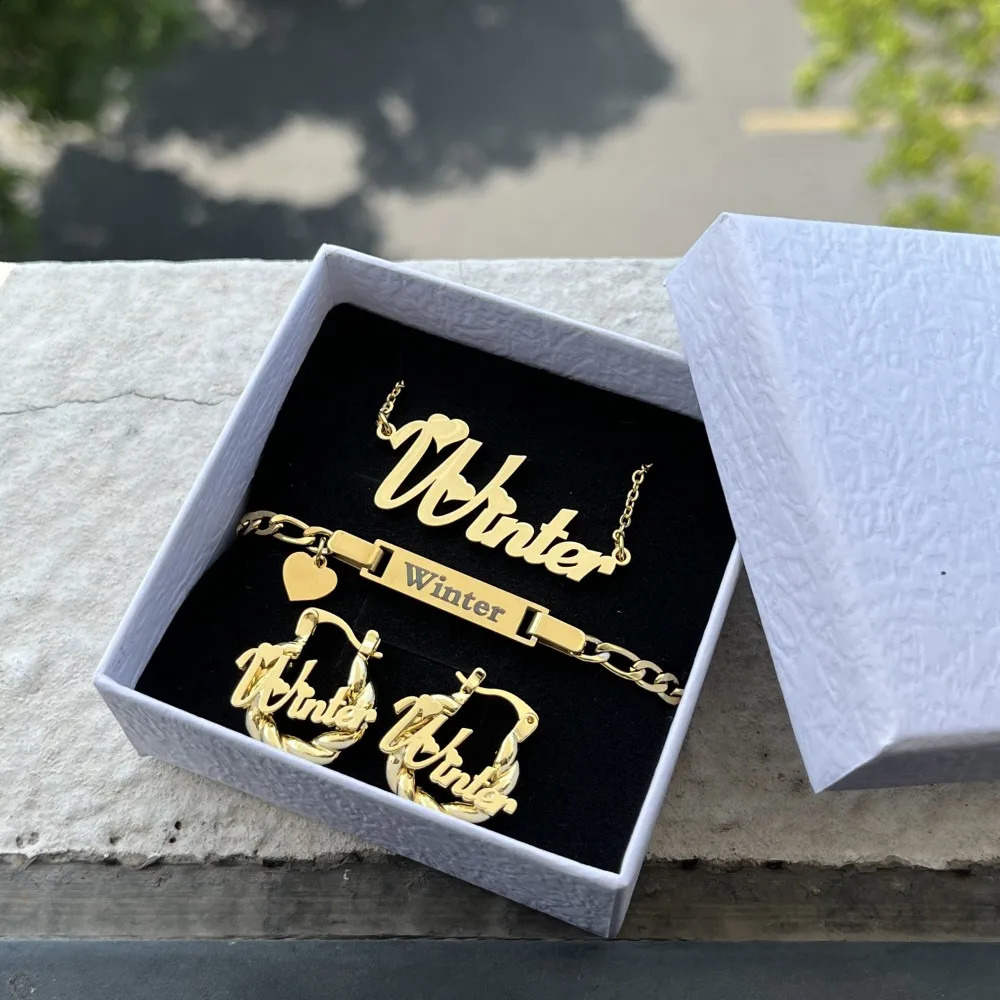 DUOYING Custom Name Heart Jewelry Set Personalized Engraved Letter Bracelet Stainless Steel Necklace Mini Hoop Earrings For Kids 240906