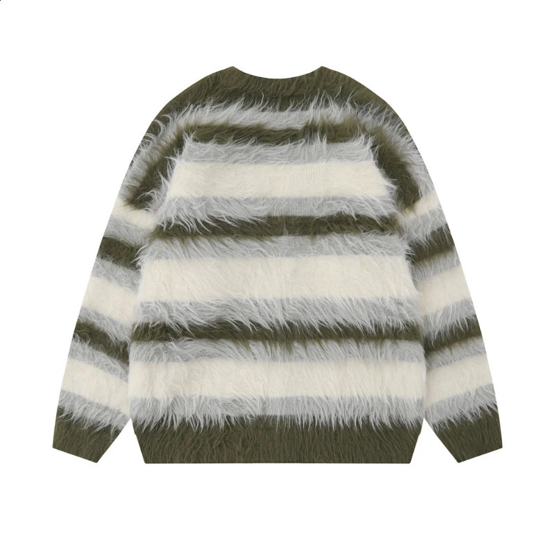 Striped plush Vneck sweater for women loose and casual brushed knit fashionable comfortable couples Harajuku street cardigan 240912