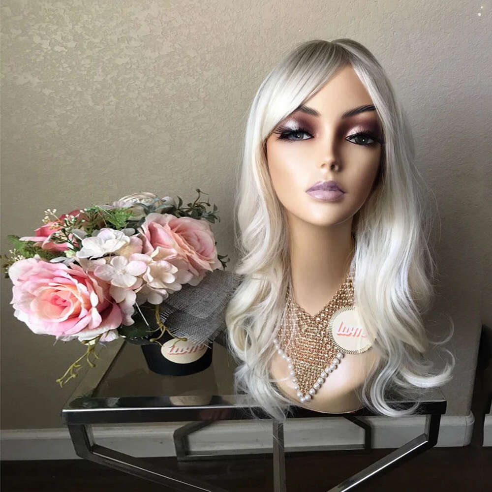 24'' Ombre Dark Root Platinum Blonde Synthetic Front Heat Friendly Fiber Wavy 10% Mixed Human Hair Lace Wig Cosplay