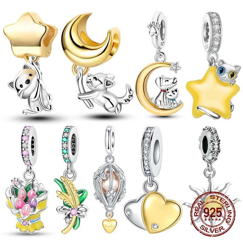 S925 Golden Color Charms Beads Sterling Silver wer Cat Moon Star Dangle pendant Fit Original Bracelet DIY Jewelry