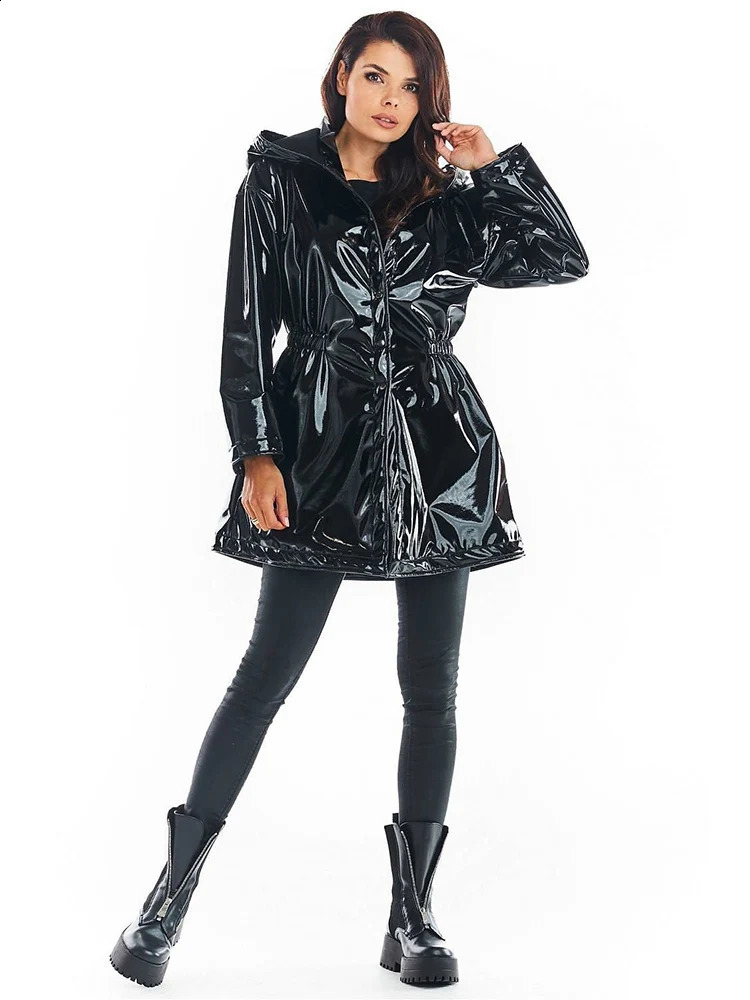 Women Casual Patent Leather Hooded Trench Loose Fashion PVC Long Coats Button Jackets Long Sleeve Plus Size PU Outwear Custom 240913