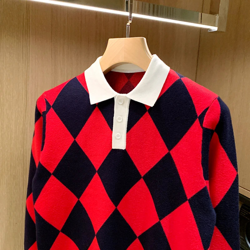 2024 Mens Lapel Pullover Long Sleeve POLO Neck Sweater Loose Top Business Casual Solid Color Knitwear Bottoming Shirt A91 240904