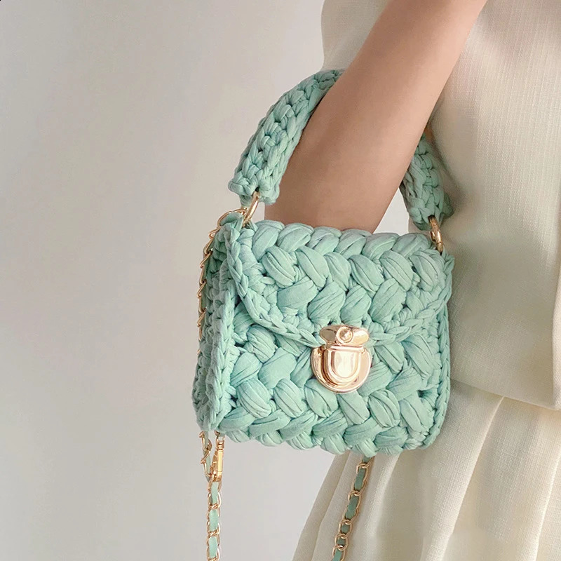 Handmade rope crochet cross body bag for womens y chain knitted handbag small shoulder square 240913