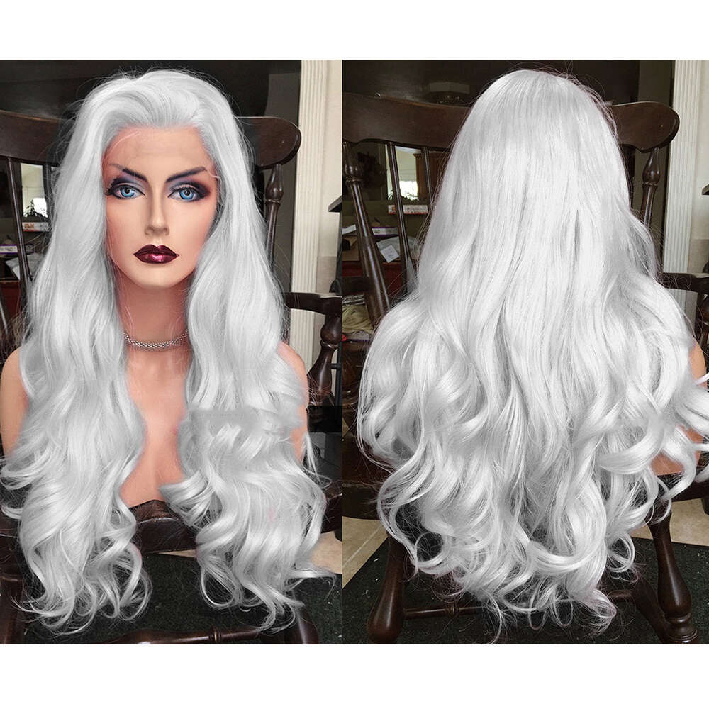 Premium Sier Front 26" Long Synthetic Wavy Heat Resistant Fibers Transparent Lace Wig Icy Blonde Human Hair Wigs