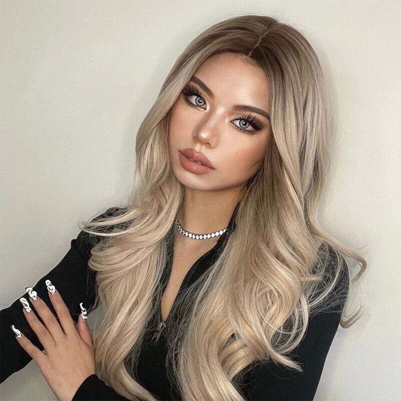 Synthetic Long Wavy Lace Front Wig Ombre Brown Light Blonde Human Hair Wigs 10% Mixed Cosplay Daily Heat Resistant For Women