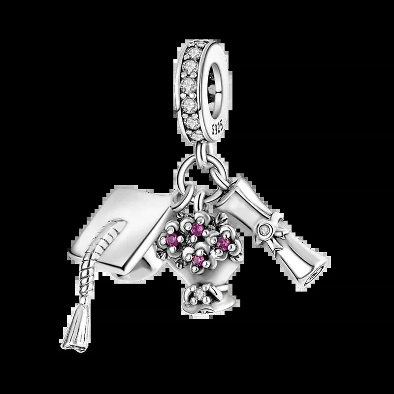 S925 Sterling Silver Graduation Season Series Colored Bachelor's Hat wer Charms Beads Fit Original Bracelets Jewelry