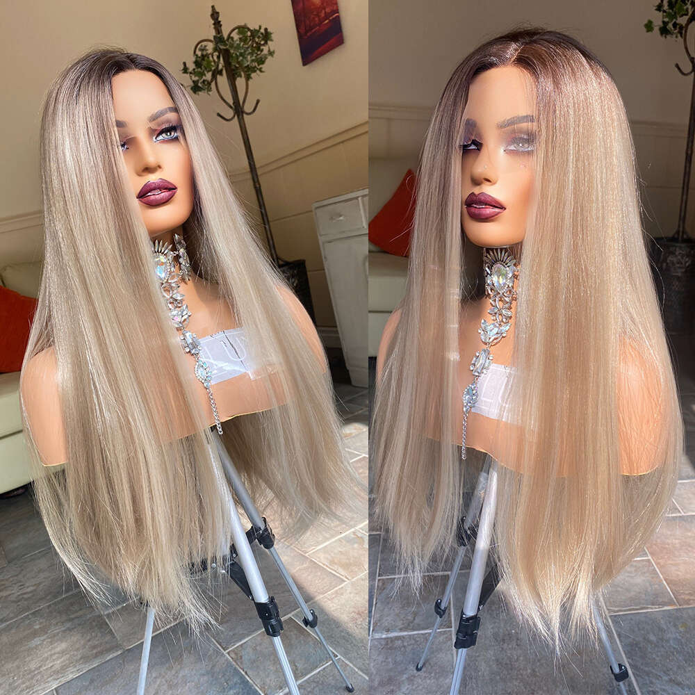 Strawberry Synthetic Hair Ash Blonde Roots Straight Lace Front Long And Natural Beautiful Everyday Wig Heat Resistant