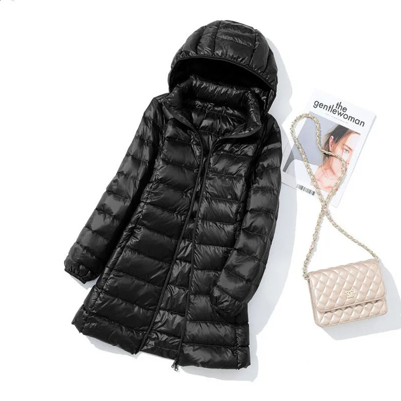 Schinteon M-7XL Womens Down Jacket Ultra Light White Duck Down Long Coat with Detachable Hood Ultra Thin Spring/Autumn Coat 240913