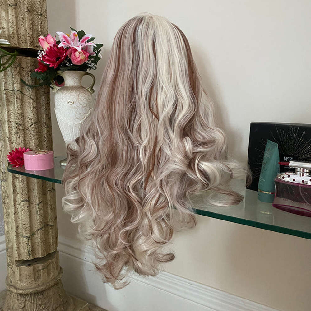Blonde Brown Highlights Human Synthetic Mix Wigs Natural Haire 28Inch Heat Resistant Body Wave Lace Front Wig For Women