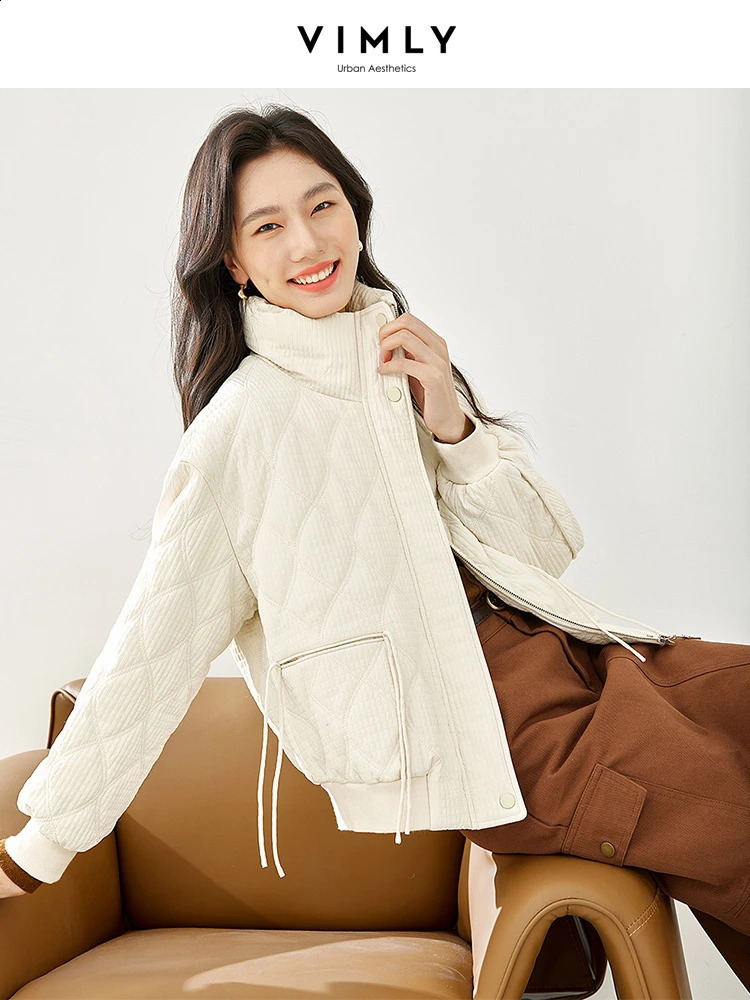Vimly Cropped Argyle Quilted Jacket for Women Casual Straight Wide Loose Collar Zipper Thick Warm Winter Coat for Women M3613 240913
