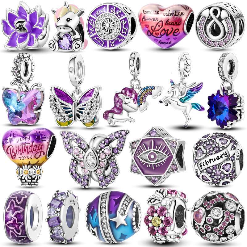 925 Silver Purple Series Beads Clip wer Heart Star Charms Butterfly Grapes Dangle Fit Original Bracelet Jewelry Gift