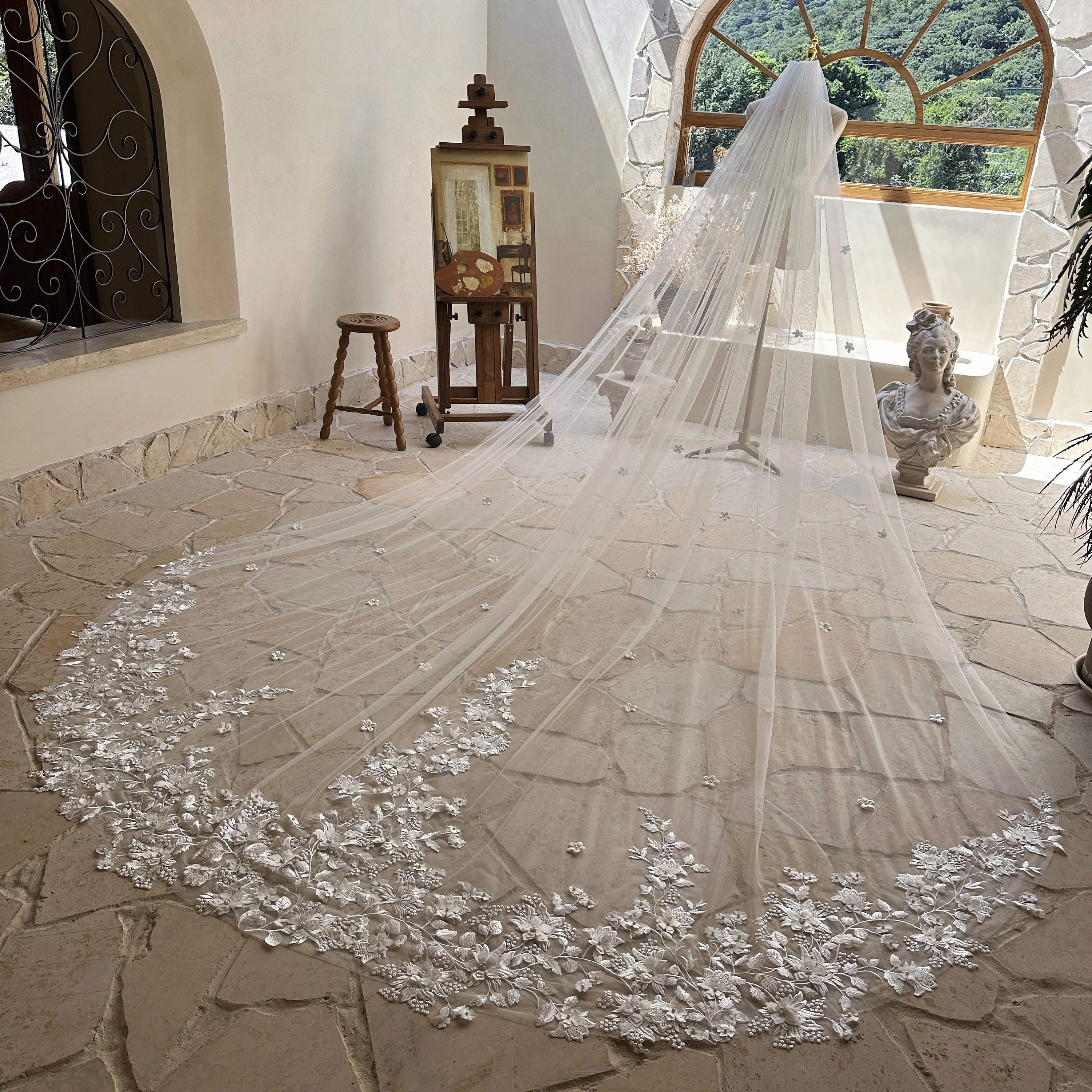 Exquisite Wedding Veil 3D Appliques One Layer Long Cathedral Length Bridal Veils Applique Edge Wedding Accessories Custom Made