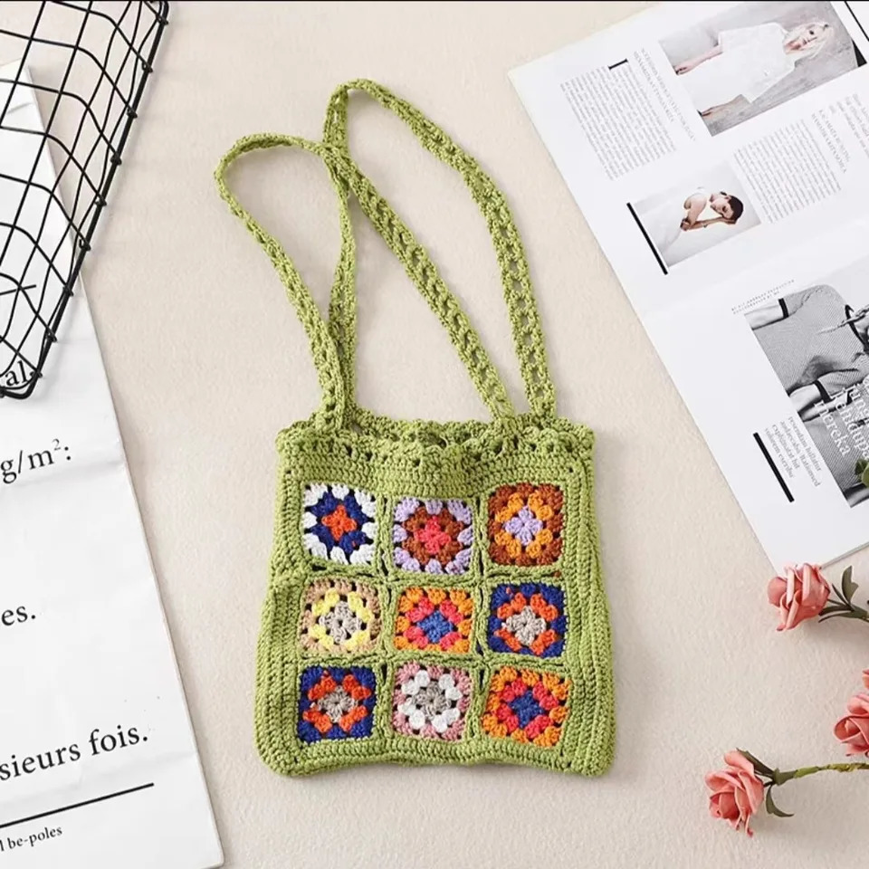 Bohemain Crochet Womens Shoulder Bag Grandma Square Handbag Casual Knitted Hand Woven Summer Beach Small Wallet 240913