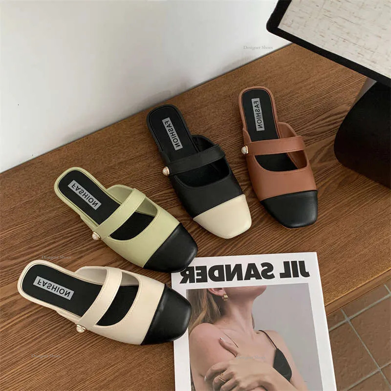 Half Slippers 2024S For Women To Wear In Summer Color Blocking Commuting Sandals Low Thick Heels Flat Bottoms And Lazy Shoes