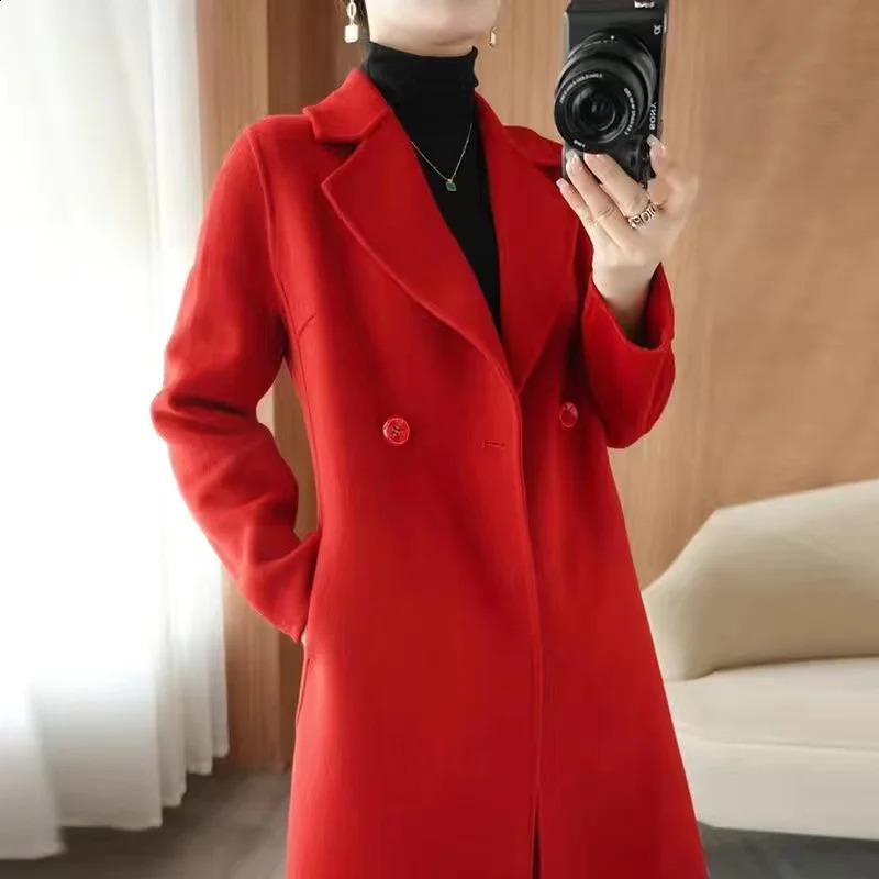 2024 Autumn 100 Double Sided Cashmere Coat Womens Winter Slim Temperament Wool Coats Solid Casual Female Long Overcoat 240905