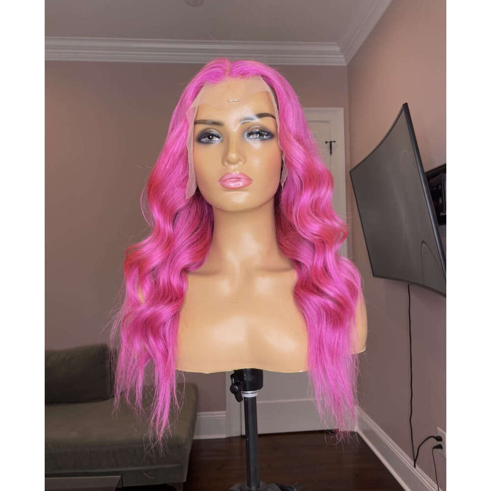 Gorgeous Pink Lace Front Wig Highest Quality Synthetic Material Heat Protected 28 Inch Long Wavy Human Hair Blended Women Wigs