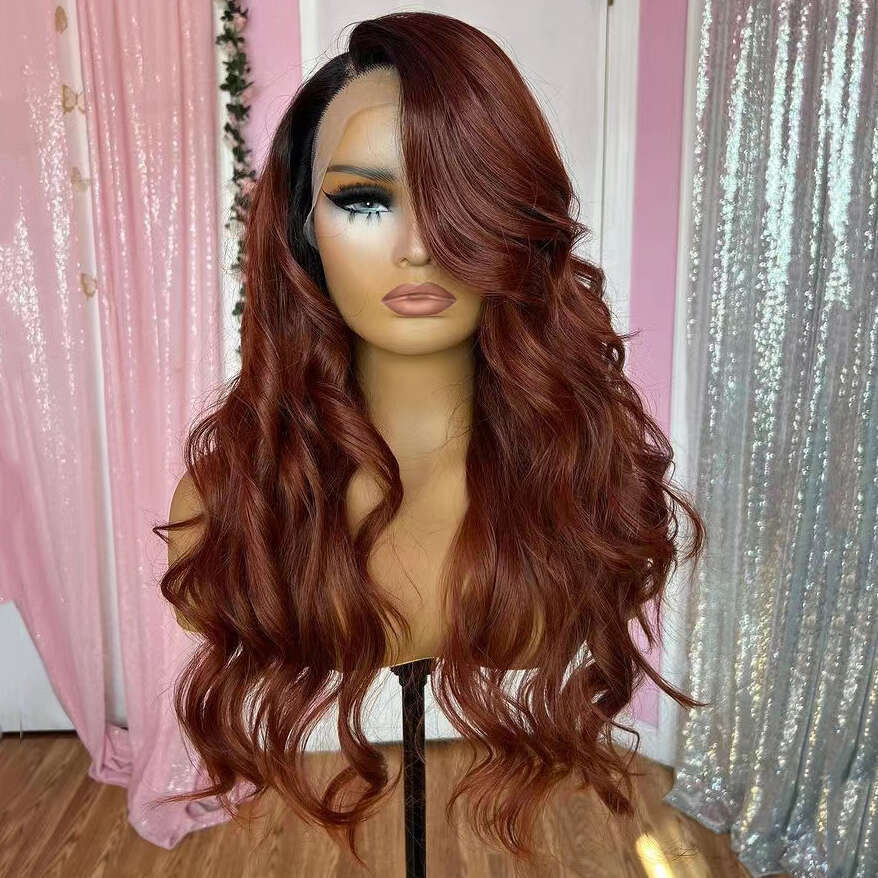 AIMEYA Copper Red Body Wave Black Roots Synthetic Lace Front Side Part Natural Haire Hair Daily Use Cosplay Wig