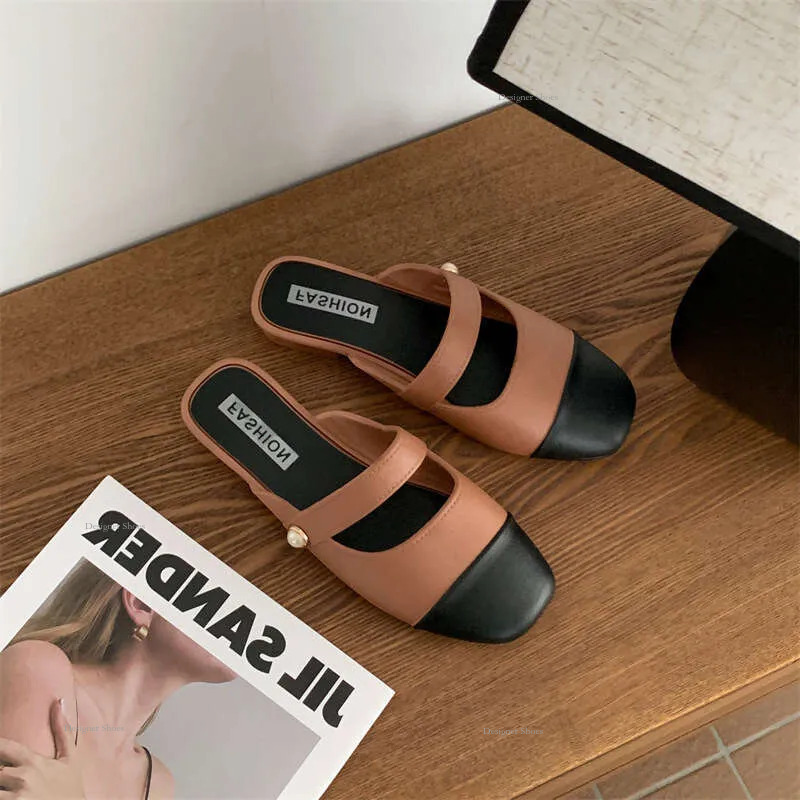Half Slippers 2024S For Women To Wear In Summer Color Blocking Commuting Sandals Low Thick Heels Flat Bottoms And Lazy Shoes