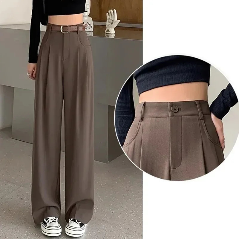 2024 Women Fashion Suit Pants Lady Comfortable Summer High Waist Wide Leg Autumn Trousers Straight Coffee Classic 240905