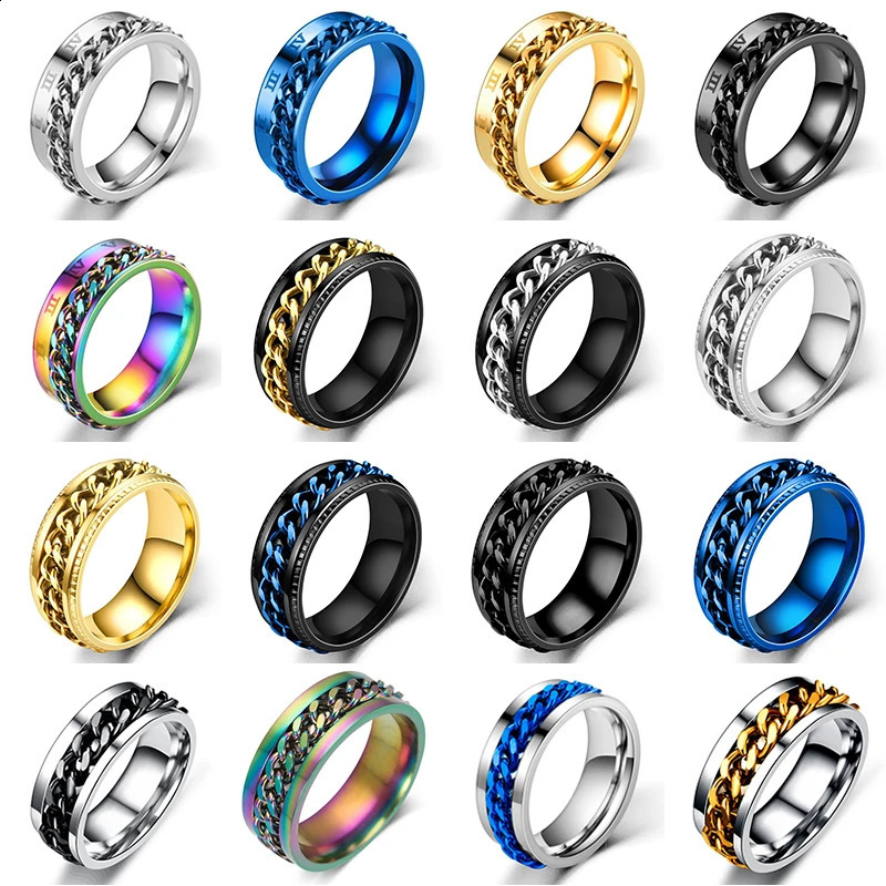 Steel Rotatable Chain Rings Men Women Stress Ring For Anxiety Couple Jewelry 8mm Corkscrew Multifunctional Gift 240906
