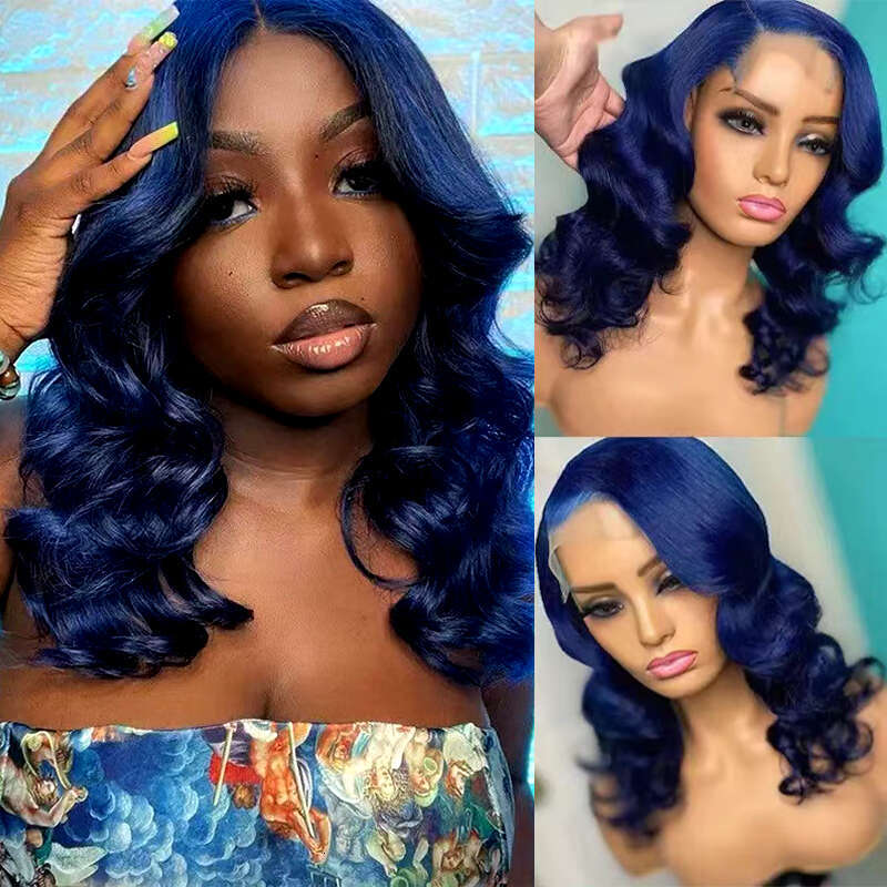 AIMEYA Dark Blue Short Wave Lace Front Wigs For Black Women Side Part Shoulder Length Bob Heat Resistant Synthetic Wig
