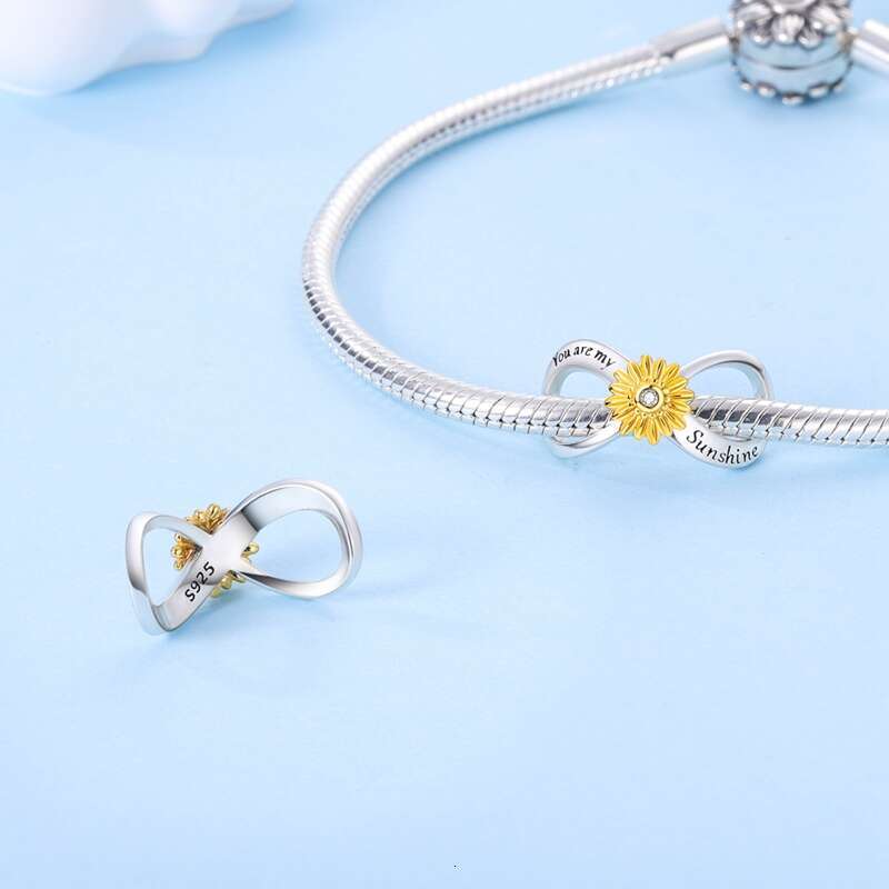 925 New Sterling Silver Fashion Golden Suowers Heart Charms Beads Fit Original Bracelets Party DIY Jewelry