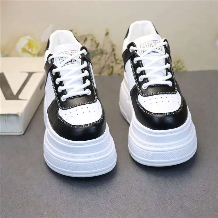 10CM 12CM Genuine Leather Spring Autumn Chunky Sneakers Ins Women Summer White Hidden High Heels Platform Wedge Shoes