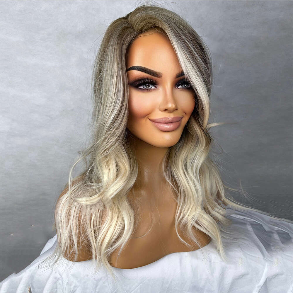Ash Blonde Brown Balayage Highlights Wavy Side Part Lace Front Womens Wig Highest Grade Synthetic Fibers Human Hair Blended