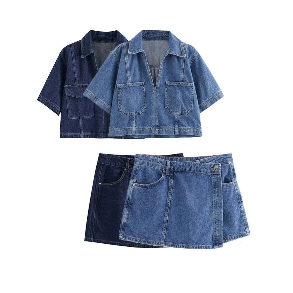 Women Pamas Denim Jacket Mini Set Summer Loose Sleepwear Short Sleeve Tops High Waist Skirt 2 Pcs Home Suit Outfits