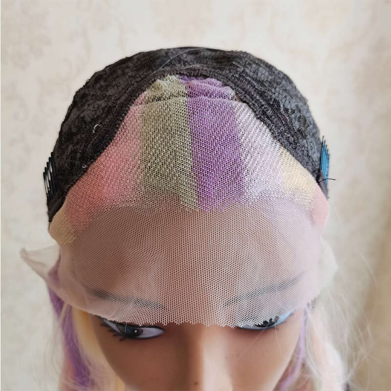 26" Rainbow Synthetic Purple Pink Blue Loose Wave 10% Human Hair 13X4 Lace Front Wig Heat Resistant Cosplay