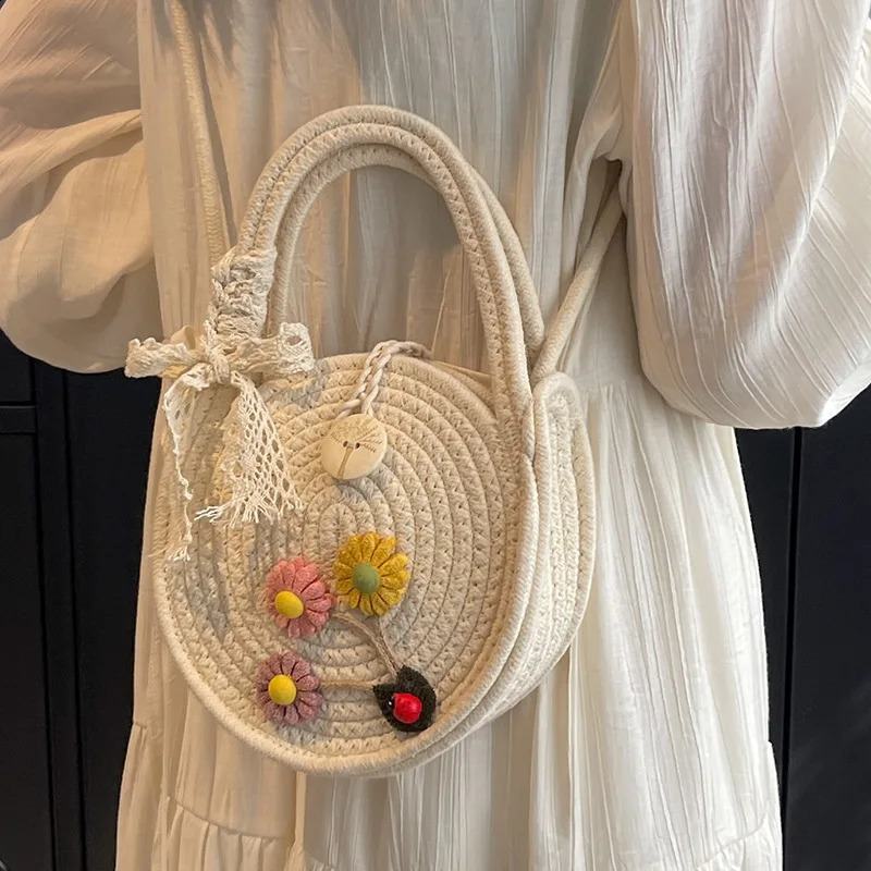 Cotton rope round grass beach bag retro handmade woven shoulder cross body Bohemian summer vacation leisure 240913