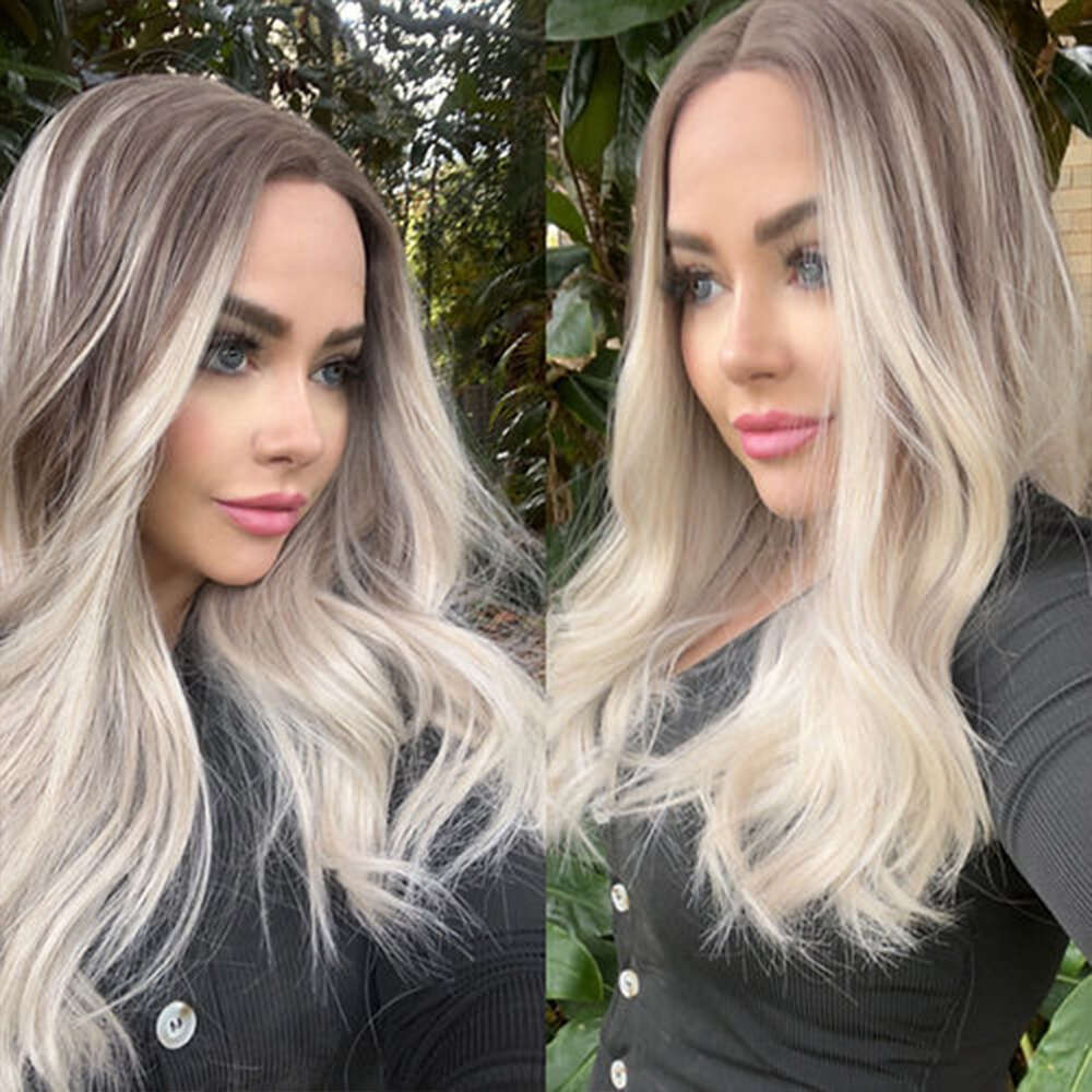 Lightest Blonde Balayage Synthetic Brown Roots Beautiful Heat Friendly Fibres Lace Front Wig Look Like Human Hair Glueless