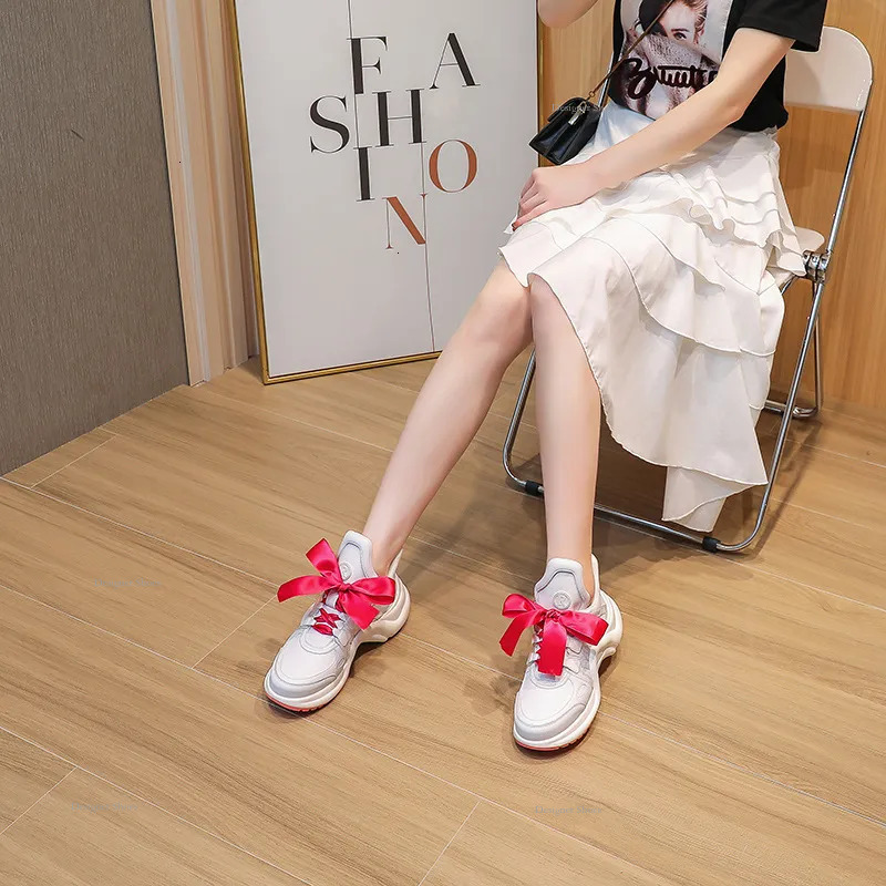 Dad Instagram Bow Trendy Women's 2023 New Popular Thick Sole Height Increasing Sports Slimming Leather Casual Shoes