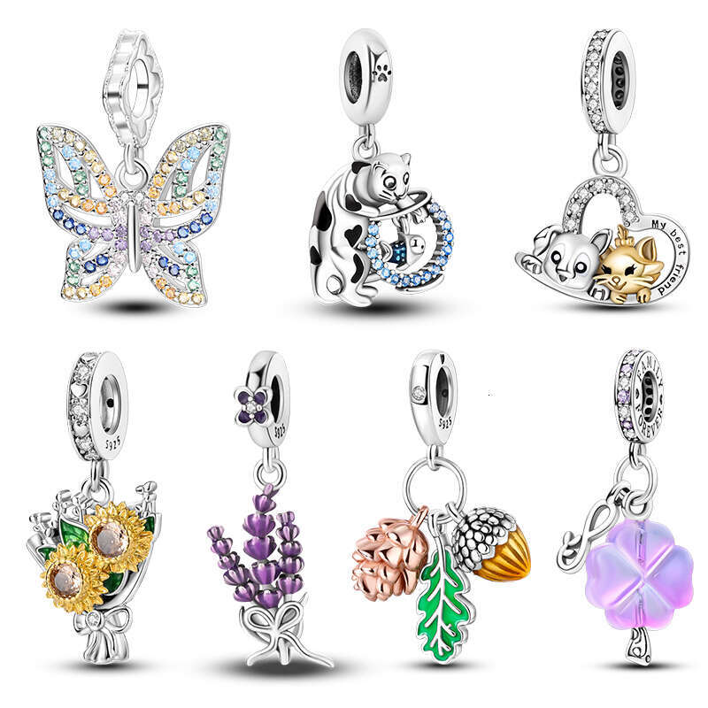 Fit Original Bracelets 925 Sterling Silver Butterfly Lavender Sunflower Cone Tulip Plant Charms Beads DIY Jewelry