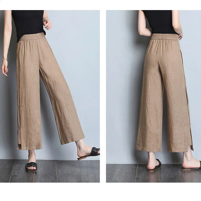 Spring and Summer Office Womens Elastic High Waist Nine Point Pants Cotton Hemp Rope Casual Thin Solid Folded Loose Leg 240913