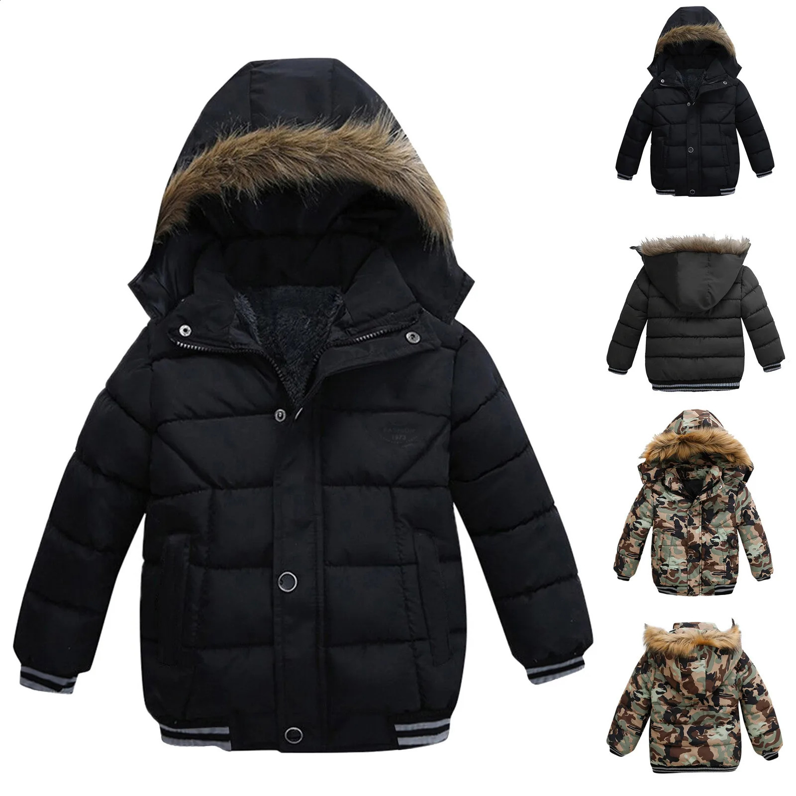 2024 Winter Children Warm Jacket Fashion Boys Pocket Hooded Coat Casual Thicken Kids Solid Color Parka Down Cotton Jackets 240905