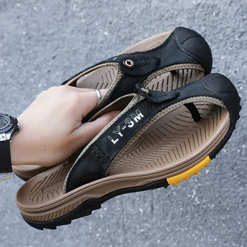 Genuine Cow Leather Shoes Men Sandals Flip Flops Mens Casual Shoes Classic Massage Men Beach Slippers Anti-slip Summer New M240914