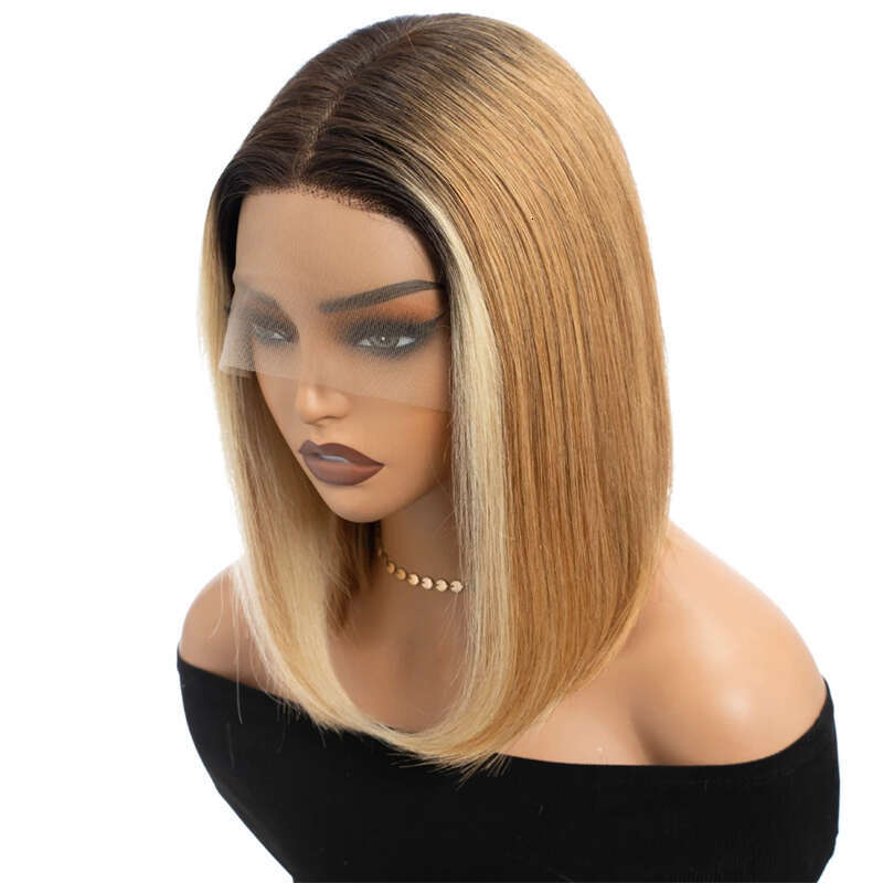Highlight Straight 12 Inch Short 13X4 Lace Front Wig Ombre Honey Blonde Human Hair Bob Wigs
