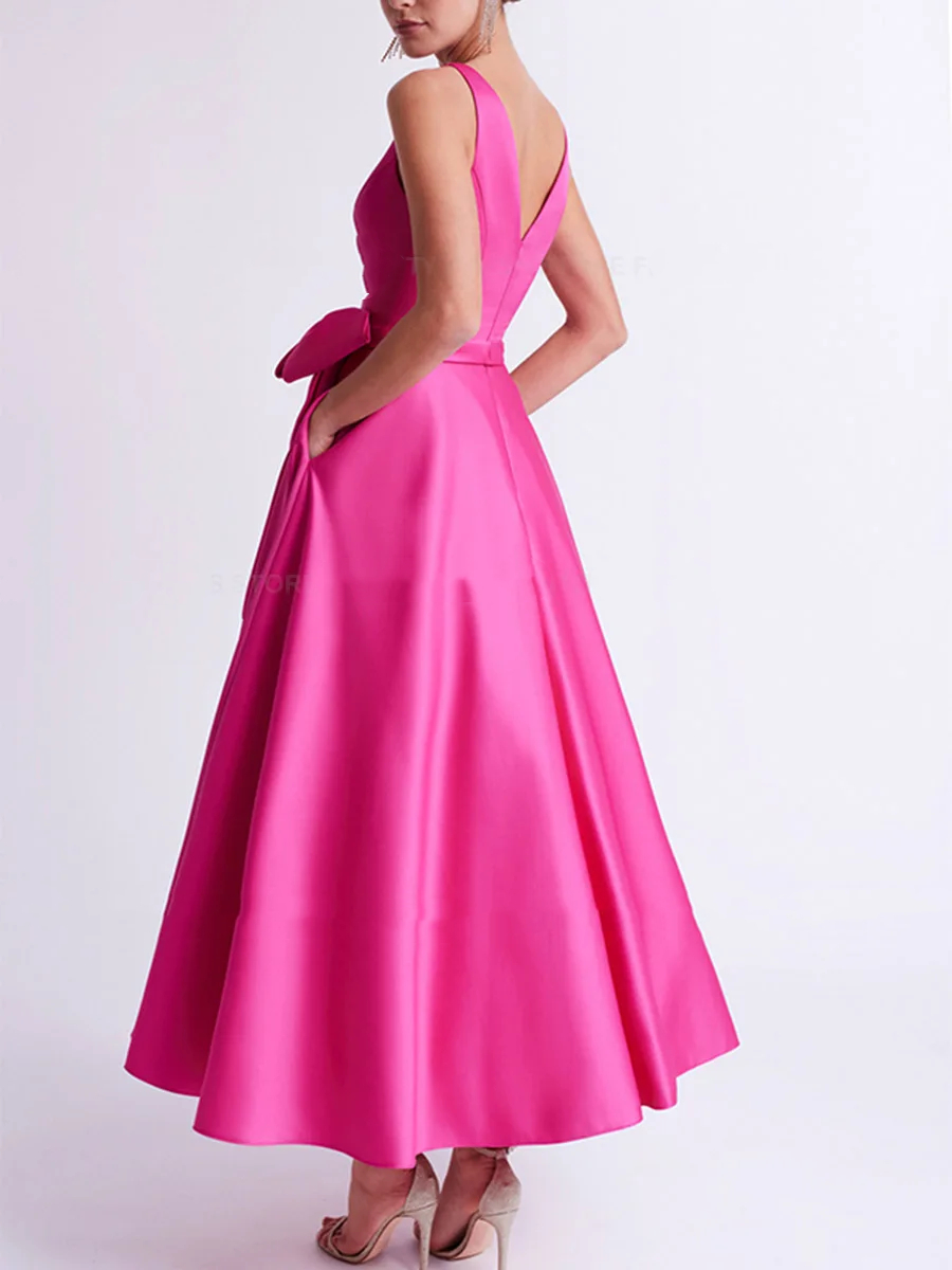 Ankle Length A Line Simple Mother Of The Bride Dresses With Pockets Bow V-Neck Sleeveless Fuchsia Satin Wedding Guest Dress Ladies Elegant Formal Part