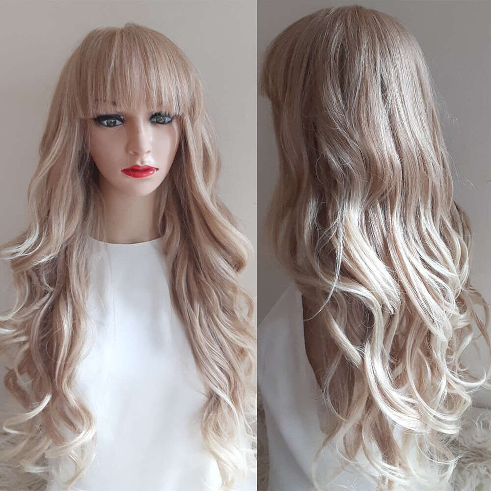 Human Hair Blended Synthetic Fiber Honey Blonde Highlights With Bangs Lace Front Wig Heat Resistant Loose Wave For Daily Use