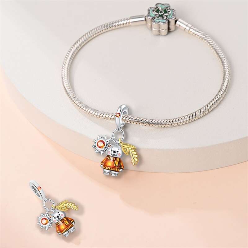 Autumn New 925 Sterling Silver Brown Maple Leaf Pumpkin Bee Charms Bead For Original Bracelets DIY Jewelry Warm Gift