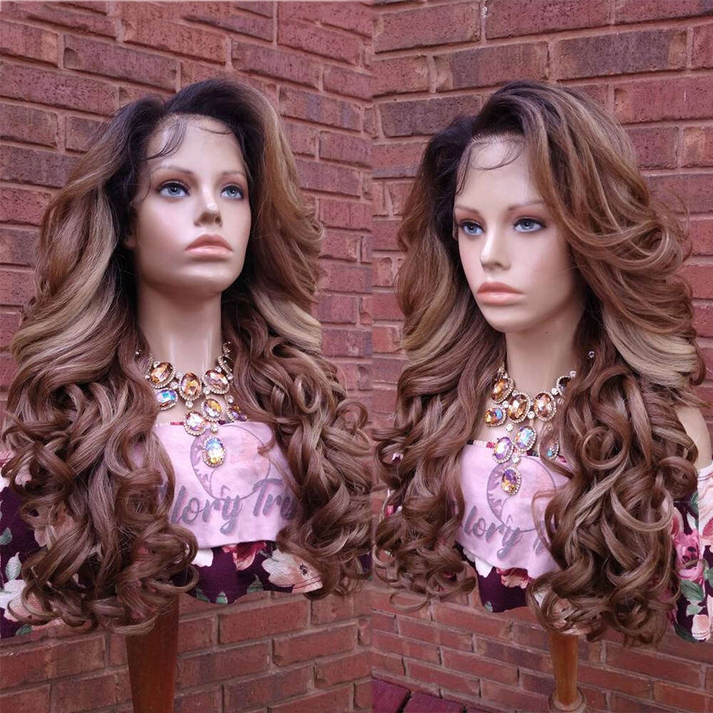 Human Hair Blend Curly Frontal Pre-Plucked HD Lace Auburn Blonde Wig Dark Roots For Women Free Parting Daily/Party