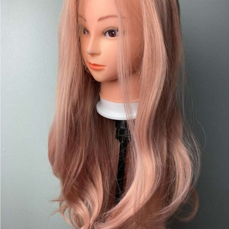 Pastel Synthetic Wigs Heat Resistant Rose Pink Lace Front 10% Human Mixed Long Hair Wavy Cosplay Wig 180%