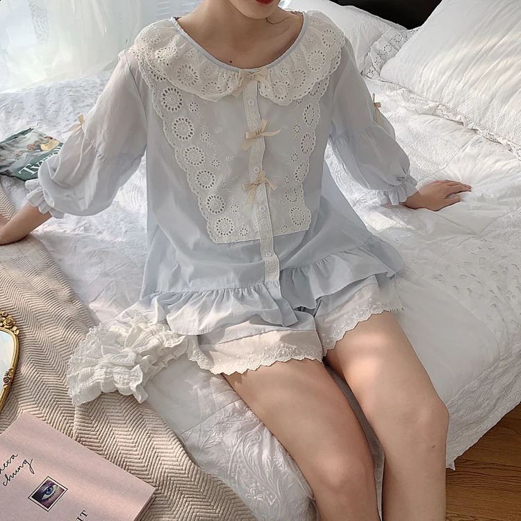 Womens Lolita Princess Lace Pajama Sets Cotton TopsShorts.Vintage Ladies Girls Lace Pyjamas set.Summer Sleepwear Loungewear 240913