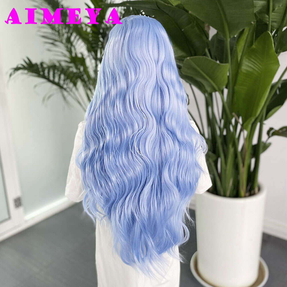 Light Blue Synthetic Front For Women Natural Haire Lace Wigs Loose Curly Wig Daily Use Cosplay Heat Resistant Fiber