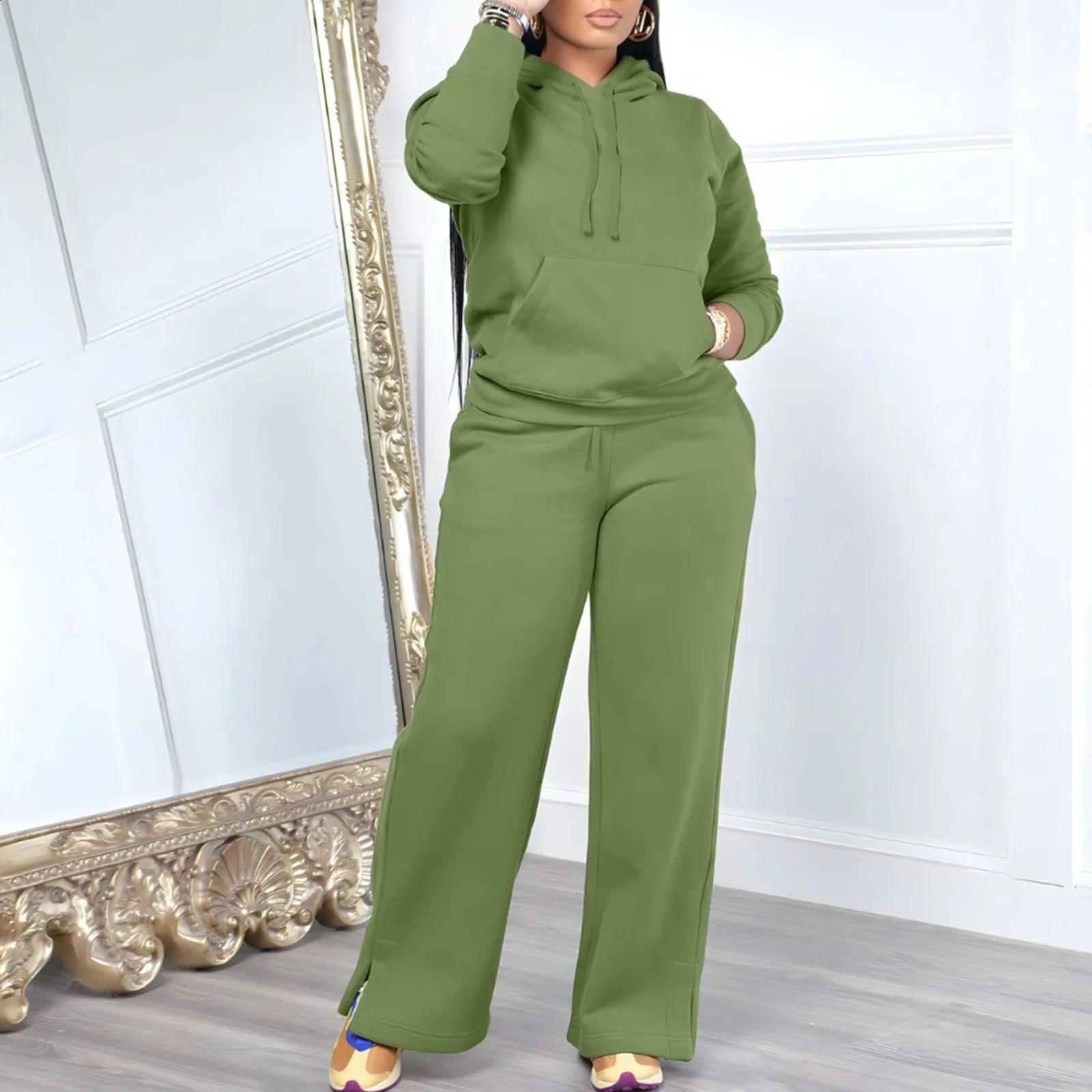 WomenS Pure Color Autumn Winter Pants Suit Fashion Warm Casual Hoodie Joggers Two Piece Set Quilted Ladies Outfits 240905