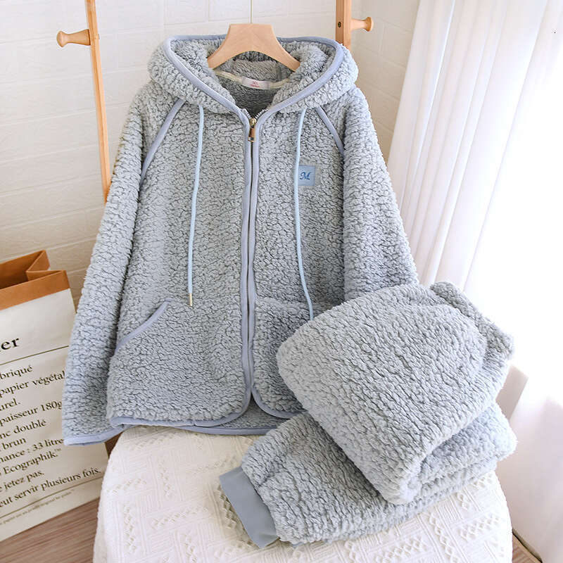 New Flanner Couple's Pama Hooded Zipper Sleeping Sleepwear Winter Underwear Set Nightie Warm Pamas Pyjamas Women