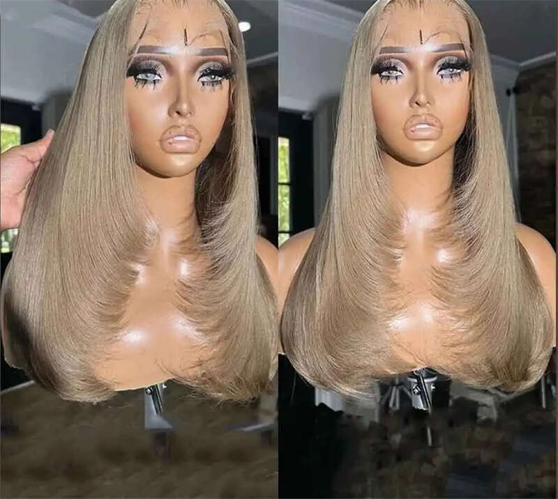 Ash Brown Synthetic Front Wigs For Black Women Layered Cut HD Transparent Glueless Straight Lace Wig