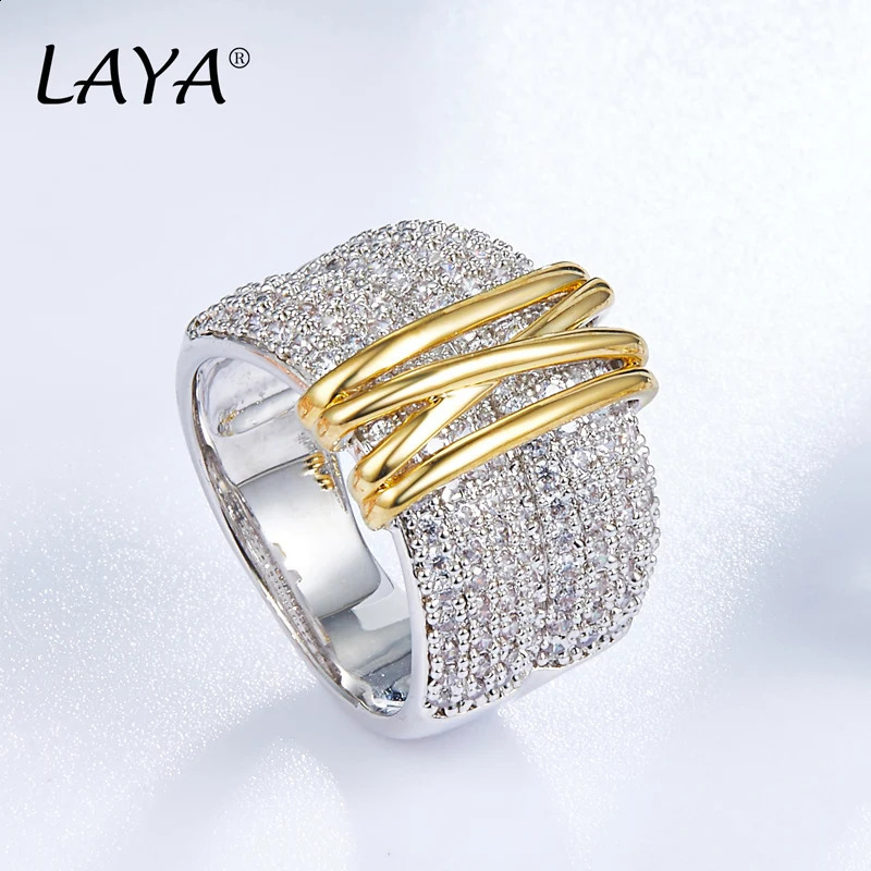 LAYA 100% 925 sterling silver fashionable retro light gold multi line sparkling zircon ring suitable for womens party exquisite jewelry 240912