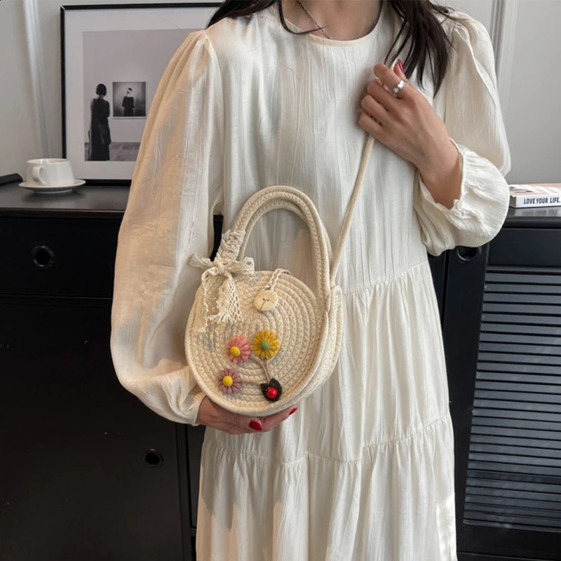 Cotton rope round grass beach bag retro handmade woven shoulder cross body Bohemian summer vacation leisure 240913